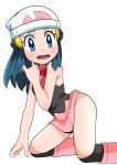  1girl ass beanie blue_eyes blue_hair boots commentary groin hainchu hair_ornament hat highres hikari_(pokemon) long_hair looking_at_viewer open_mouth pink_footwear pokemon pokemon_(anime) pokemon_dppt_(anime) simple_background skirt smile solo white_background 