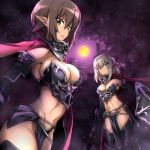  2girls alternate_costume armor bangs bikini_armor black_footwear black_gloves blue_eyes boots breasts brown_eyes brown_hair canopy cape cleavage closed_mouth dark_elf dark_skin elbow_gloves elf eyebrows_visible_through_hair full_moon fusion gauntlets girls_und_panzer gloves greaves itsumi_erika large_breasts looking_at_viewer medium_hair moon multiple_girls nakahira_guy navel night night_sky nishizumi_maho parted_lips pelvic_curtain pointy_ears purple_sky red_cape short_hair silver_hair sky standing star_(sky) starry_sky thigh_boots thighhighs 