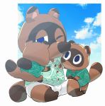  2020 animal_crossing anthro blue_eyes bottomwear brown_body brown_fur canid canine clothing fur group kemono mammal masshiro nintendo one_eye_closed raccoon_dog shirt shorts sitting tanuki timmy_nook tom_nook_(animal_crossing) tommy_nook topwear video_games wink 