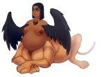  2015 areola belly big_belly big_breasts black_hair blue_eyes breasts bronzebanana brown_body brown_skin felid female hair jewelry lying mammal mythological_sphinx mythology necklace overweight overweight_female solo taur wings 
