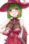  1girl absurdres bangs bare_shoulders blush book breasts choker cleavage collarbone dress eyebrows_visible_through_hair gem gloves green_hair hand_on_hip hat heart heart-shaped_pupils heterochromia highres holding holding_book large_breasts looking_at_viewer name_tag nose_blush open_mouth original pink_choker pink_dress pink_gloves pink_headwear purple_eyes saliva see-through short_hair simple_background smile solo symbol-shaped_pupils wet.elephant white_background witch_hat yellow_eyes zipper_pull_tab 