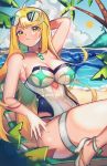  1girl arm_behind_head bangs beach blonde_hair breasts chest_jewel cleavage day high_heels highres hikari_(xenoblade_2) jewelry large_breasts long_hair looking_at_viewer one-piece_swimsuit outdoors palm_tree pumps solo swept_bangs swimsuit thigh_strap tiara tree twitter_username white_swimsuit xenoblade_(series) xenoblade_2 yagi_(kyuhyun) yellow_eyes 