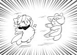  absurd_res ambiguous_gender anthro belly belly_bump big_belly black_and_white bovid caprine chibi duo handkerchief hi_res hooves horn mammal monochrome mosa_(pixiv) motion_blur motion_lines neckwear pushing simple_background speed_lines white_background 