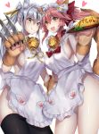  2girls absurdres animal_ear_fluff animal_ears apron bangs bare_shoulders bell bell_collar black_hair black_legwear blush breasts cat_hair_ornament cat_paws closed_mouth collar fate/extra fate/grand_order fate_(series) fox_ears fox_girl fox_tail frilled_apron frills gloves green_eyes hair_between_eyes hair_ornament highres hitomin_(ksws7544) jingle_bell large_breasts licking_lips long_hair looking_at_viewer maid_headdress medium_breasts multicolored_hair multiple_girls nagao_kagetora_(fate) naked_apron open_mouth paw_gloves paws pink_hair ponytail sideboob sidelocks simple_background smile streaked_hair tail tamamo_(fate)_(all) tamamo_cat_(fate) tongue tongue_out two-tone_hair white_apron white_background white_hair yellow_eyes 