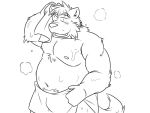  2013 4:3 anthro belly blush canid canine canis domestic_dog humanoid_hands kemono male mammal monochrome moobs navel nipples oogamikennta overweight overweight_male pubes simple_background solo towel white_background 