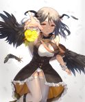  1girl armpit_peek bare_shoulders black_dress black_hair breasts dress feathered_wings feathers flower frilled_dress frills grey_legwear highres horns large_breasts looking_at_viewer medium_hair mosta_(lo1777789) original outstretched_arm panties parted_lips red_eyes revealing_clothes simple_background sleeveless sleeveless_dress solo strap thighhighs underwear white_background white_panties wings wrist_cuffs yellow_flower 