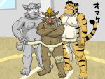  2012 4:3 anthro belly bodily_fluids brown_body brown_fur canid canine canis felid fur group humanoid_hands japanese_text kemono male mammal moobs navel nipples oogamikennta overweight overweight_male pantherine suid suina sumo sus_(pig) sweat text tiger wild_boar wolf 