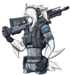  2019 anthro belt_pouch clothing fish gloves gun hair handwear hi_res hunglee male marine military navel ponytail ranged_weapon rifle shark simple_background smile solo weapon white_body white_hair 