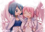  2girls :d ^_^ angel_wings arm_at_side backlighting blue_eyes blue_hair blush breasts cape choker closed_eyes clothes_grab collarbone dot_nose eyebrows_visible_through_hair feathered_wings feathers furrowed_eyebrows gloves glowing glowing_feather hair_between_eyes hair_ribbon hands_up happy kaname_madoka looking_at_another looking_to_the_side mahou_shoujo_madoka_magica medium_breasts miki_sayaka multiple_girls open_mouth pink_hair ribbon rilafm345 shaded_face shiny shiny_hair short_hair side-by-side simple_background small_breasts smile soul_gem strapless twitter_username two_side_up ultimate_madoka upper_body white_background white_cape white_choker white_gloves white_neckwear white_ribbon wings 