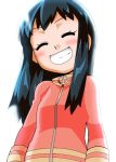  1girl blue_hair blush breasts hainchu hikari_(pokemon) jacket pokemon pokemon_(anime) pokemon_dppt_(anime) simple_background smile solo teeth 