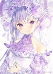  1girl bangs blush bonnet bug butterfly butterfly_on_shoulder chin_strap choker closed_mouth commentary_request detached_sleeves eyebrows_visible_through_hair flower frilled_sleeves frills hair_flower hair_ornament halterneck highres ikari_(aor3507) insect lace lace_choker long_hair looking_at_viewer original purple_eyes purple_flower purple_ribbon purple_theme ribbon sleeve_ribbon smile solo steepled_fingers twitter_username upper_body 