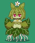  1girl alraune animal_ears bangs bare_shoulders bell bell_collar blush collar detached_sleeves eyebrows_visible_through_hair flower full_body green_background green_collar green_hair green_skin green_sleeves hair_between_eyes hair_flower hair_ornament jingle_bell kemomimi-chan_(naga_u) leaf_bikini long_sleeves looking_at_viewer monster_girl monsterification naga_u navel original plant_girl red_eyes sleeves_past_fingers sleeves_past_wrists solo white_flower 