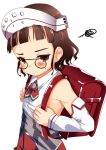  1girl backpack bag bangs blush brown_eyes brown_hair child closed_mouth detached_sleeves dress glasses headdress highres kantai_collection nassukun pince-nez randoseru roma_(kantai_collection) short_hair simple_background solo squiggle sweat white_background younger 