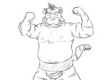  2014 4:3 anthro belly felid humanoid_hands kemono male mammal monochrome moobs nipples oogamikennta overweight overweight_male pantherine simple_background solo sumo tiger white_background 