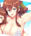  bangs bikini blue_eyes blush breasts brown_hair cleavage cloud day frilled_bikini frills glasses green_eyes hair_between_eyes highres kantai_collection large_breasts long_hair open_mouth orange_bikini osterei out_of_frame outdoors roma_(kantai_collection) saratoga_(kantai_collection) short_hair sky solo_focus sweat swimsuit white_bikini 