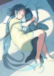  1girl absurdres bangs bare_legs barefoot bed blue_hair closed_eyes commentary_request eyebrows_visible_through_hair from_above highres hug indoors kantai_collection long_hair lying object_hug on_bed on_side parted_lips pillow pillow_hug samidare_(kantai_collection) shark shirt short_sleeves sleeping solo stuffed_toy utachy very_long_hair 