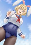  1girl alternate_costume animal_ears ass blonde_hair blouse blue_eyes blue_sailor_collar blue_sky blue_swimsuit breasts bunny_ears cloud cloudy_sky colorado_(kantai_collection) covered_navel eyebrows_visible_through_hair fake_animal_ears from_below highres kantai_collection koru_pera large_breasts long_sleeves looking_down neckerchief old_school_swimsuit one-piece_swimsuit outdoors pantyhose pantyhose_under_swimsuit sailor_collar school_swimsuit school_uniform serafuku short_hair side_braids sky solo standing swimsuit swimsuit_under_clothes 