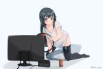  1girl absurdres alternate_costume asashio_(kantai_collection) black_hair black_legwear blue_eyes bottle highres kantai_collection long_hair looking_to_the_side nintendo nintendo_switch ring-con ring_fit_adventure shirt simple_background solo t-shirt television thighhighs twitter_username uut white_background white_shirt 