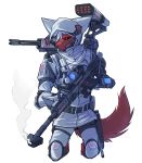  2019 anthro black_sclera canid gun hair hi_res hooded hunglee machine male mammal power_armor ranged_weapon red_eyes rifle scar_over_eye science_fiction smoke solo weapon white_hair 