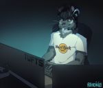  2020 anthro clothed clothing digital_media_(artwork) felid feline fur grey_body grey_fur headphones hi_res keyboard krymson lynx male mammal ravoilie sitting smile solo whiskers 