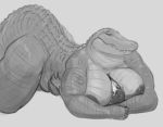  anthro big_breasts breast_smother breasts crocodilian doctordj duo female grey_background hi_res larger_female monochrome nipples nude reptile scalie sharp_teeth simple_background size_difference slightly_chubby smothering teeth 