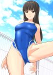  1girl absurdres ass_visible_through_thighs black_hair blue_swimsuit blush breasts brown_eyes closed_mouth cloud cloudy_sky collarbone competition_swimsuit covered_navel eyebrows_visible_through_hair feet_out_of_frame fence girls_und_panzer groin highres leg_up long_hair looking_at_viewer looking_down medium_breasts nishizumi_shiho one-piece_swimsuit parted_lips shiny shiny_clothes shiny_hair shiny_skin sky solo spread_legs swimsuit swimwear takafumi teenage younger 