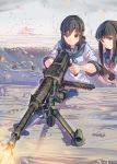  2girls bangs black_eyes black_hair blue_neckwear blunt_bangs daito eyebrows_visible_through_hair firing fubuki_(kantai_collection) gloves gun hatsuyuki_(kantai_collection) heavy_machine_gun hime_cut holding holding_gun holding_weapon kantai_collection long_hair low_ponytail machine_gun multiple_girls neckerchief ponytail sailor_collar school_uniform serafuku short_ponytail short_sleeves sidelocks type_92_(heavy_machine_gun) upper_body weapon white_gloves 