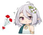  1girl ? antenna_hair bouquet carnation cropped_torso elf flower grey_hair hair_flower hair_ornament kokkoro_(princess_connect!) moru_(monaka) mother&#039;s_day parted_lips pointy_ears princess_connect! princess_connect!_re:dive purple_eyes red_carnation red_flower short_hair simple_background solo upper_body white_background 