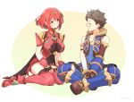 1boy 1girl bangs blue_legwear blue_shirt blue_vest blush breasts brown_hair chest_jewel closed_eyes earrings fingerless_gloves gloves highres homura_(xenoblade_2) indian_style jewelry large_breasts mochimochi_(xseynao) red_eyes red_hair red_legwear rex_(xenoblade_2) shirt short_hair shorts simple_background sitting smile swept_bangs thighhighs tiara vest white_background xenoblade_(series) xenoblade_2 