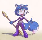  2020 accessory anthro belt bodysuit breasts canid canine chibi clothing female footwear fox fur gerovort hair hair_accessory hairband hi_res krystal krystal&#039;s_staff mammal nintendo open_mouth signature simple_background skinsuit solo staff star_fox tailband tight_clothing tongue video_games 