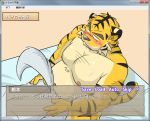  2013 anthro bed belly blush bodily_fluids canid canine duo felid furniture humanoid_hands japanese_text kemono male mammal moobs navel nipples oogamikennta overweight overweight_male pantherine sex sweat text tiger 