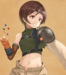  1girl armor bare_shoulders breasts brown_background brown_gloves brown_hair brown_shorts commentary contrapposto cowboy_shot final_fantasy final_fantasy_vii fingerless_gloves fishnets gloves green_eyes grin headband light_blush looking_afar materia midriff navel open_fly purea ribbed_sweater short_hair shorts sleeveless sleeveless_turtleneck small_breasts smile solo sweater tossing turtleneck yuffie_kisaragi 