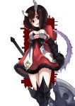  +_+ 1girl absurdres axe breasts broken_horn brown_hair capelet fur-trimmed_capelet fur-trimmed_skirt fur_trim gloves highres horns kagari3 kuraishi_eriko large_breasts princess_connect! princess_connect!_re:dive purple_eyes red_capelet short_hair skirt solo spiked_tail tail thighhighs weapon 
