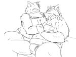  2012 4:3 anthro belly canid canine duo hug humanoid_hands kemono male male/male mammal monochrome navel oogamikennta overweight overweight_male simple_background sitting suid suina sumo sus_(pig) white_background wild_boar 