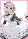  1girl :d ahoge alternate_costume apron blue_eyes blush braid divergenceok enmaided highres kizuna_akari long_hair long_sleeves looking_at_viewer low_twin_braids low_twintails maid maid_day maid_headdress neck_ribbon open_mouth orange_neckwear orange_ribbon ribbon skirt_hold smile solo twin_braids twintails very_long_hair vocaloid voiceroid white_background white_hair 