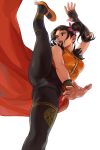  1girl black_eyes black_hair breasts commentary english_commentary fighting_stance fingerless_gloves gloves halogenkn highres ling_xiaoyu looking_away medium_breasts open_mouth simple_background single_glove solo tekken tekken_7 white_background 