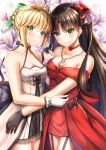  2girls :o artoria_pendragon_(all) bangs bare_shoulders black_choker black_gloves black_hair blonde_hair blush bow braid choker closed_mouth collarbone commentary_request dress eyebrows_visible_through_hair fate/stay_night fate_(series) floral_background flower frilled_dress frills garter_straps glint gloves green_bow green_eyes hair_between_eyes hair_bow hand_up hands_together jewelry long_hair multiple_girls off-shoulder_dress off_shoulder parted_lips pendant red_bow red_choker red_dress red_flower red_rose rose saber see-through sidelocks smile tiara toosaka_rin toshi_(1-147) very_long_hair white_background white_dress white_gloves 