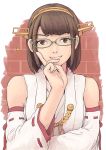  1girl brick_wall brown_eyes brown_hair commentary_request detached_sleeves glasses green-framed_eyewear hairband headgear highres japanese_clothes kantai_collection kirishima_(kantai_collection) looking_at_viewer realistic ribbon-trimmed_sleeves ribbon_trim short_hair solo vent_arbre 