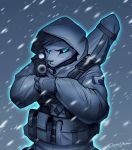  2018 aiming_at_viewer anthro belt_pouch black_sclera blue_eyes clothing glowing glowing_eyes hair hi_res hunglee looking_at_viewer male military_uniform ranged_weapon snow solo species_request uniform weapon 