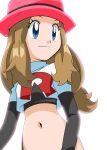  1girl blue_eyes breasts brown_hair cosplay elbow_gloves gloves hainchu hat long_hair midriff musashi_(pokemon) musashi_(pokemon)_(cosplay) navel pokemon pokemon_(anime) pokemon_xy_(anime) serena_(pokemon) simple_background solo team_rocket_uniform white_background 