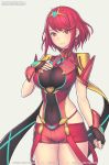  1girl bangs black_gloves breasts chest_jewel covered_navel cowboy_shot earrings fingerless_gloves gem gloves hair_ornament hand_on_own_chest homura_(xenoblade_2) jewelry large_breasts looking_at_viewer marfrey red_eyes red_hair red_shorts short_hair short_shorts shorts simple_background skindentation smile solo swept_bangs tiara xenoblade_(series) xenoblade_2 