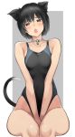  1girl amagami animal_ears arms_between_legs bell black_hair black_swimsuit border breasts brown_eyes cat_ears cat_tail choker collarbone commentary_request competition_swimsuit cowboy_shot grey_background jingle_bell kemonomimi_mode looking_at_viewer nanasaki_ai nozomi-y one-piece_swimsuit open_mouth round_teeth short_hair sitting small_breasts solo swimsuit tail teeth two-tone_background upper_teeth white_border 