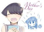  2girls :d ^_^ bangs black_hair blush closed_eyes commentary english_text facing_viewer hands_on_own_chest happy happy_tears highres komi-san_wa_komyushou_desu komi_shouko komi_shuuko mitsugu mother&#039;s_day multiple_girls open_mouth short_hair simple_background smile solo_focus tears white_background 