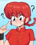  1girl ? afrobull blue_background blue_eyes chinese_clothes confused cum facial inspecting medium_hair patreon_username ponytail ranma-chan ranma_1/2 red_hair short_ponytail short_sleeves solo tagme watermark wristband 