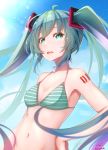  1girl absurdres ahoge alternate_costume aqua_eyes aqua_hair baileys_(tranquillity650) bangs bare_arms bare_shoulders bikini blue_sky blush breasts cloud collarbone day eyebrows_visible_through_hair from_side green_eyes hair_between_eyes hair_ornament hatsune_miku highres long_hair looking_at_viewer navel open_mouth outdoors sky small_breasts smile solo stomach string_bikini striped striped_bikini swimsuit twintails upper_body very_long_hair vocaloid 