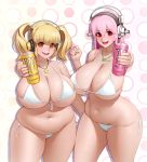  2girls absurdres bikini blonde_hair breasts cameltoe can headphones highres huge_breasts jewelry kairunoburogu looking_at_viewer monster_energy multiple_girls nitroplus orange_eyes pink_hair plump red_eyes simple_background super_pochaco super_sonico swimsuit thick_thighs thighs white_bikini 