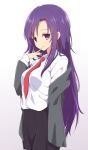  1girl black_skirt closed_mouth eyebrows_visible_through_hair gradient gradient_background hand_up highres long_hair long_sleeves looking_at_viewer mel_(melty_pot) necktie original pleated_skirt purple_eyes purple_hair red_neckwear shirt skirt smile solo white_shirt 