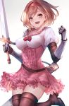  1girl :d arm_guards bangs blush boots breasts brown_eyes brown_gloves brown_hair collarbone djeeta_(granblue_fantasy) elbow_gloves eyebrows_visible_through_hair gloves granblue_fantasy hair_intakes hairband high-waist_skirt highres holding holding_sword holding_weapon inaba_sunimi jumping looking_at_viewer medium_breasts open_mouth pink_skirt puffy_short_sleeves puffy_sleeves red_hairband red_ribbon ribbon sheath shirt short_hair short_sleeves simple_background skirt smile solo swept_bangs sword thigh_boots thighhighs weapon white_background white_shirt zettai_ryouiki 