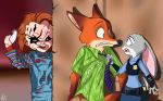  2019 anthro arzmx belt bottomwear canid canine chucky_(child&#039;s_play) clothed clothing disney eye_contact fox fully_clothed fur group hi_res holding_knife judy_hopps knife lagomorph leporid looking_at_another mammal necktie nick_wilde orange_body orange_fur pants police_uniform rabbit red_fox shirt topwear uniform zootopia 