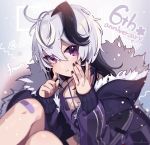  1girl :t anniversary bandaid bandaid_on_knee character_name commentary criss-cross_halter crop_top english_text engrish_text finger_to_cheek flower_(vocaloid) fur-trimmed_jacket fur_trim gynoid_talk halterneck hand_on_own_cheek index_finger_raised jacket knees_up light_particles looking_at_viewer medium_hair midriff multicolored_hair nou puffy_cheeks purple_eyes purple_hair purple_jacket purple_shirt ranguage shirt sitting solo streaked_hair upper_body v_flower_(gynoid_talk) v_flower_(vocaloid4) vocaloid white_hair 
